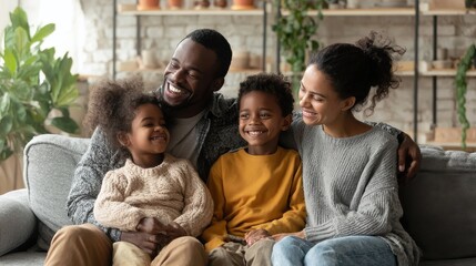 smiling african american family relaxing on couch and talking to each other happy black father and mother sitting on sofa at home with their daughter and son playful ethnic family with two kids no lo