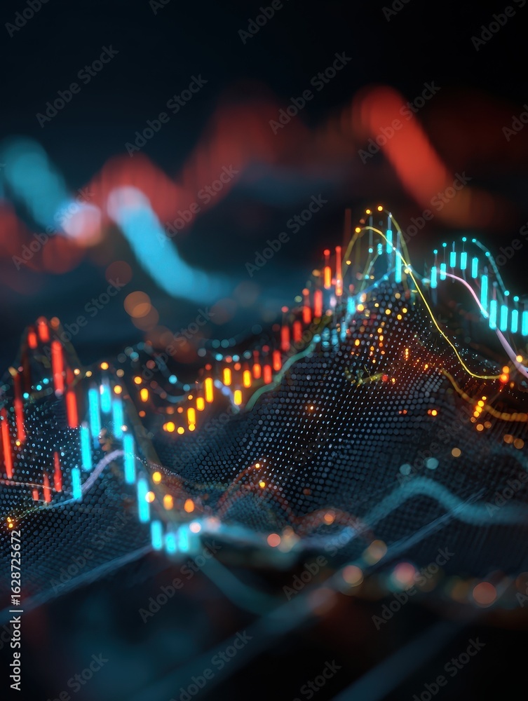 Poster dynamic financial graph with glowing elements symbolizing data analysis and market trends
