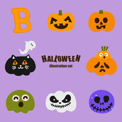 A collection of adorable Halloween-themed illustrations featuring ghosts, pumpkins, black cats, and spooky icons, all set against fun orange and purple backgrounds, perfect for kids' party designs.
