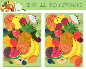 Find the differences game. Fruit puzzle. Fresh food. Sketch vector illustration.