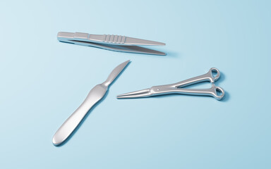 Scalpel, hemostatic forceps and so on surgical tools, 3d rendering.