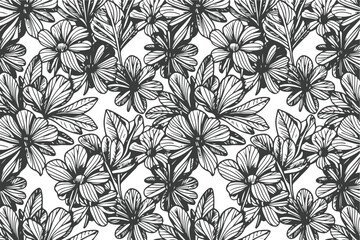 Monochrome Hand-Drawn Floral Garden Seamless Pattern