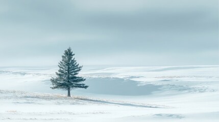Solitary evergreen tree stands tall in a vast snow covered landscape under a pale sky