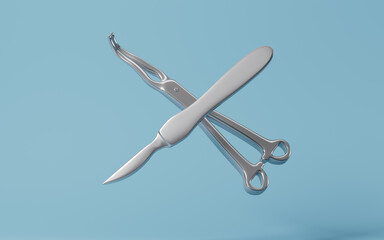 Scalpel, hemostatic forceps and so on surgical tools, 3d rendering.