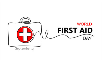 Obraz premium World First Aid Day. One continuous single line of first aid box for world health day isolated on white background. Hand drawn one line vector. Editable stroke