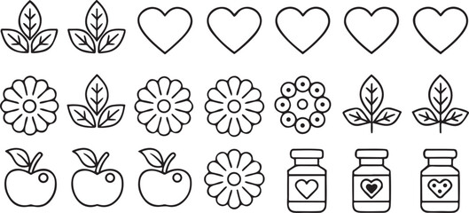 Isolated black botanical line art icons, simple flat style vector set featuring flowers, leaves, herbs, spices, fruits, hearts, and kitchen items like jars and apples, arranged in a clean 5x6 grid lay