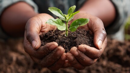 charity environment ecology agriculture and nature concept  closeup of african american woman hands holding plant in soil no logos no brands ar 169
