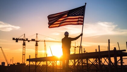 Construction worker proudly holds American flag at sunset with cranes in background