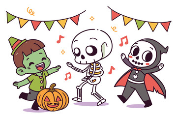 Halloween, Charming halloween scene featuring cute ghosts playful bats grinning pumpkins and a friendly witch