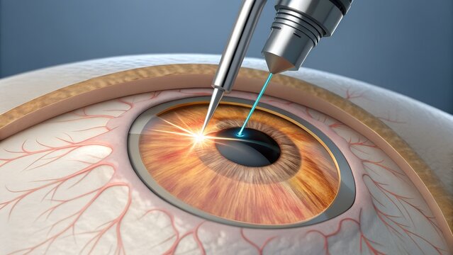 Laser eye surgery (LASIK) in high detail &mdash; corneal flap lifting, laser reshaping stroma with pulsating light