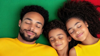 Happy Family Portrait Father and Two Daughters Resting on Green and Red Background