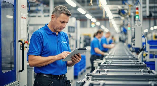 Supervisor using digital tablet monitoring production line of electronic devices in modern factory, workers assembling products in background