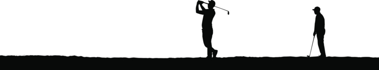 Obraz premium Golf silhouettes of players, swinging pose, observing stance, black white art, sports motion, golf course scene, leisure activity, club action