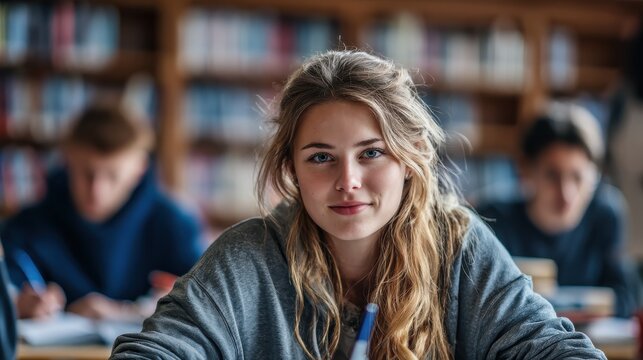 student looking at camera while studying with classmates in library no logos no brands ar 169