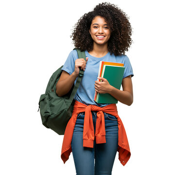 Smiling student with backpack and books against black background in studio setting looking forward on transparent background