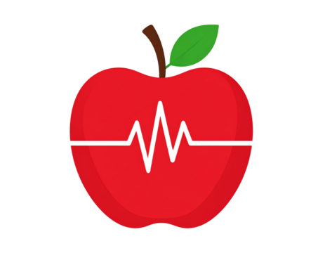ed apple with a heartbeat line, symbolizing health or wellness, isolated on a white 