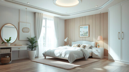 Bright modern bedroom with beige textiles and wooden elements, stylish modern bedroom design in calm beige and brown tones.