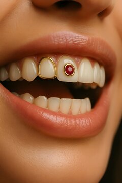 Close-up of a woman's smile with gold dental jewelry. Grillz. Skyce.