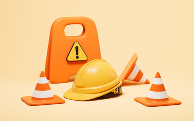 Warning signs and safety helmets, breakdown maintenance, Traffic maintenance and so on concepts, 3d rendering.