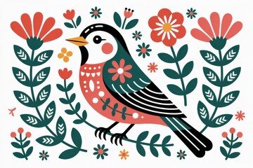 Fototapeta premium Artistic Bird and Blooming Flora: A captivating illustration showcases a vibrantly colored bird amidst a lush arrangement of blooming flowers and foliage.