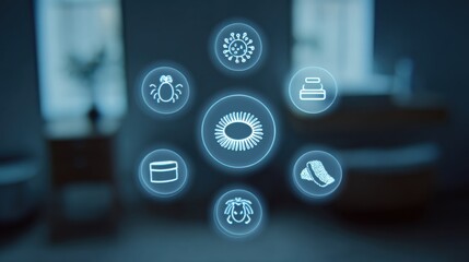 hygiene and dustmite icons subtly out of focus highlighting scheduled cleaning and allergen control.