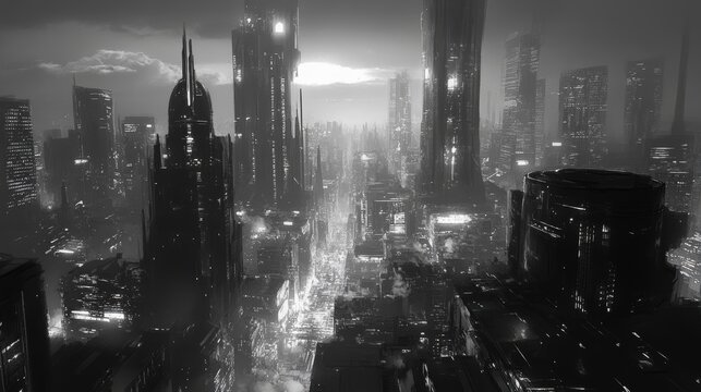 Fototapeta A futuristic cyberpunk black and white cityscape 