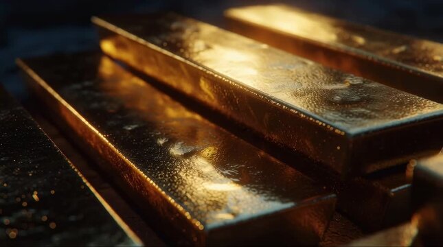 A stack of gold bars gleams brilliantly under warm sunlight, reflecting a rich metallic luster. The bright highlights and smooth surfaces create a luxurious, high-value atmosphere.