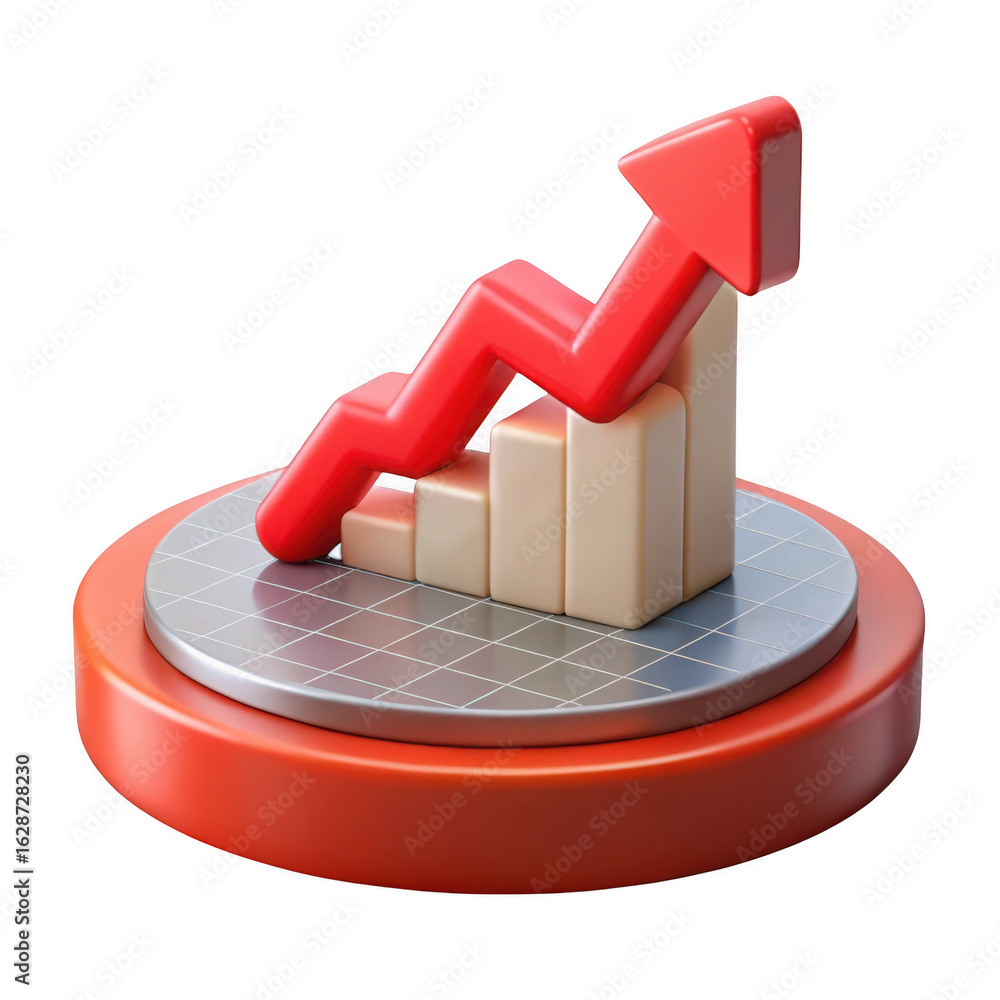Poster red arrow graph showing upward trend on steps isolated on transparent background