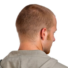 Obraz premium View of a man's head and shoulders from behind against black background