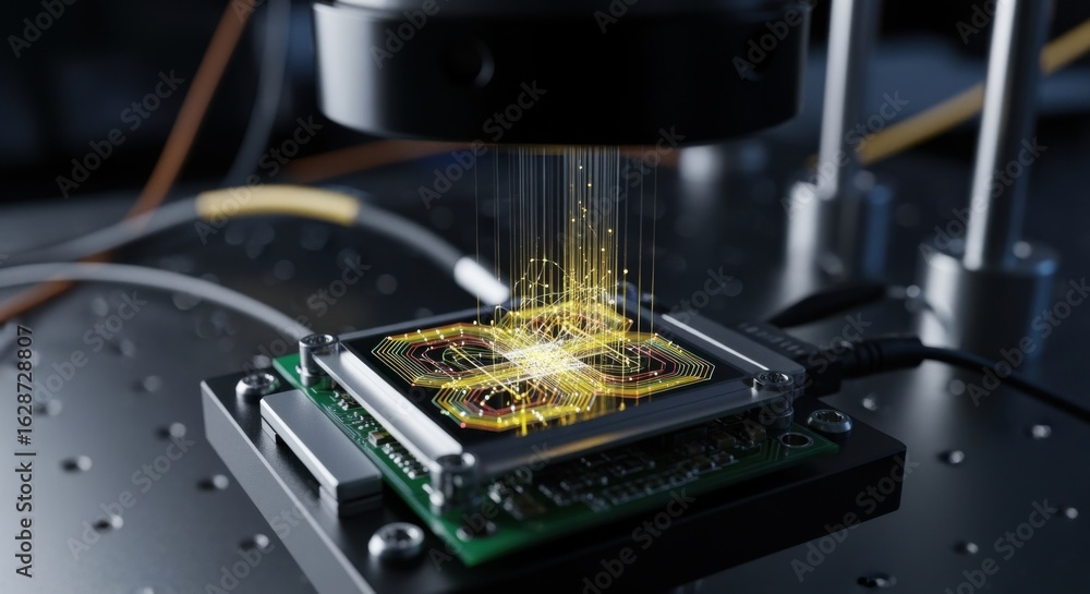 Poster closeup of optical waveguides on silicon photonics chip enabling secure lowlatency communication for