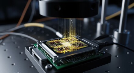 Closeup of optical waveguides on silicon photonics chip enabling secure lowlatency communication for drone swarms in experimental lab.