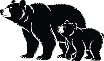 Silhouette of adult bear and cub on grassy ground, emotional wildlife bond, nature scene, vector illustration on white background