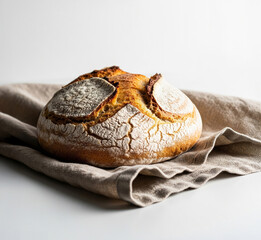 Bochenek naturalnego chleba na kawałku pł&oacute;tna.