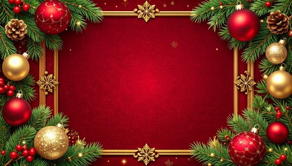 Elegant Red Velvet Christmas Frame Border with Ornaments and Pine Needles