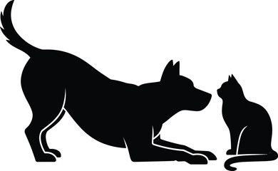 Silhouette of dog bowing playfully to seated cat, domestic animal interaction concept for pet care and lifestyle design themes