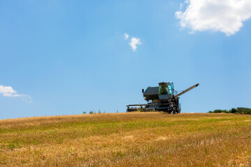 Fototapeta premium Combine harvester on a dry, sloped field under a bright blue sky with a few scattered white clouds.