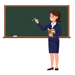 A teacher in a blue suit holding a book and writing on a chalkboard in a classroom setting image on transparent background