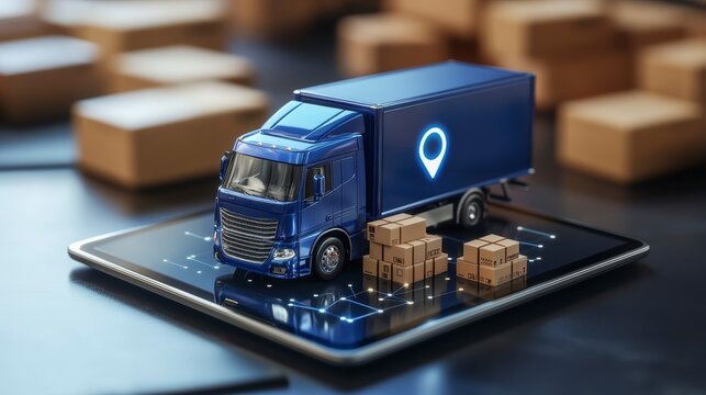 Delivery truck model on tablet, showing online order tracking and logistics.