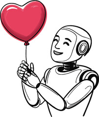 Friendly robot shares joy holding a vibrant red heart balloon, embodying warmth and affection in a modern, clean style.