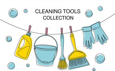 Sparkling clean home essentials collection featuring a bucket, brush, dustpan, gloves, and detergent bottle, perfect for household tasks.
