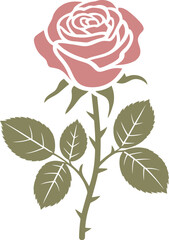 Elegant single pink rose with green leaves and stem symbolizing love romance and beauty for any occasion or design project