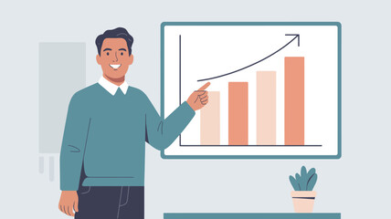 Confident man presenting upward trending business growth chart with enthusiasm and positive outlook in modern office setting