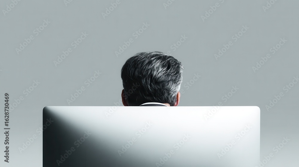 Poster businessman using a desktop computer with a view over his shoulder from behind of the blank screen o