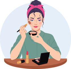 Chic woman applying blush with brush and compact makeup, getting ready for a glamorous day