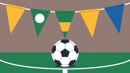 Exciting soccer celebration with colorful bunting and ball on the field, capturing sports event joy and team spirit.
