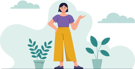 Confident woman presenting ideas with a welcoming gesture in a bright, modern, plant-filled space, exuding positivity