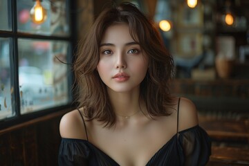 Obraz premium Young Japanese woman in black off shoulder dress, Sitting by cafe window, Minimalist indoor portrait, Natural light photography, Soft background blur, Fashion lifestyle concept
