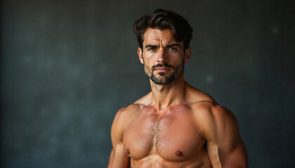 Fototapeta premium Young man in sportswear performing dynamic stretching pose on soft blurred natural background, demonstrating flexibility and strength.
