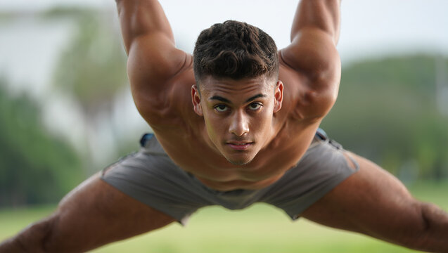 Young man in sportswear performing dynamic stretching pose on soft blurred natural background, demonstrating flexibility and strength.