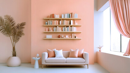 Interior. Light living room, white sofa in a pink room.